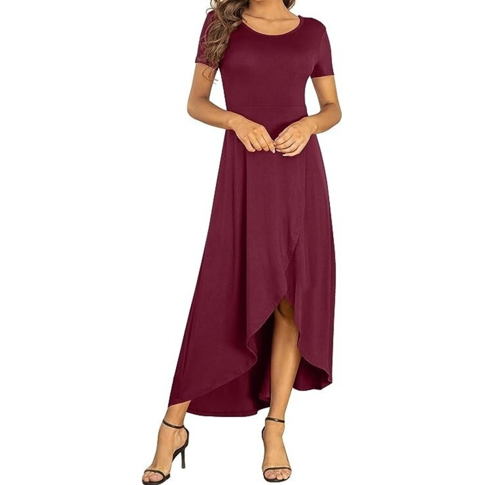 AYIFU Womens XL Burgundy High Low Maxi Dress Short Sleeve Tulip Hem NWT